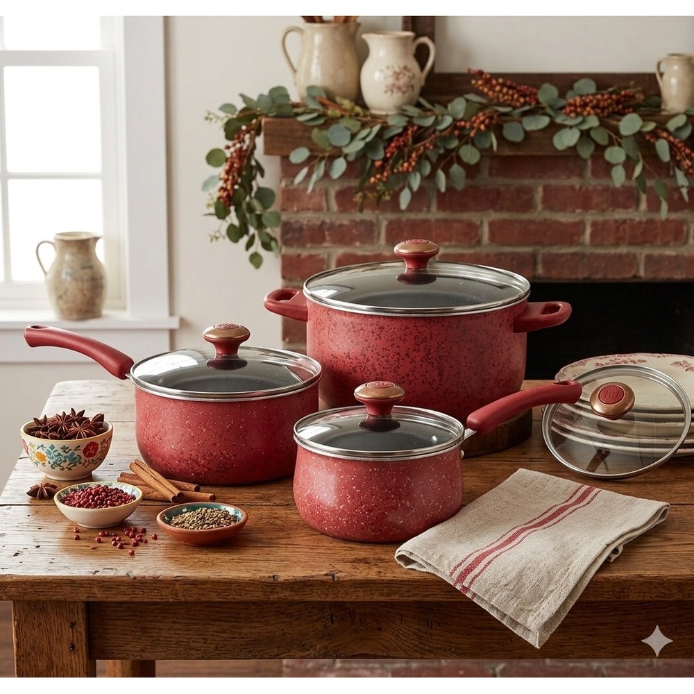 Paula Deen Signature Red Speckled Porcelain Enamel Cookware Set 6 Piece TQQQ09